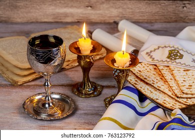 Shabbat Shalom - Traditional Jewish Sabbath ritual matzah, and wine.