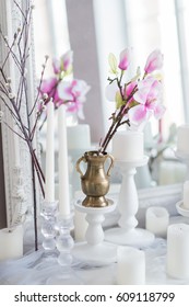 Shabby Chic Home Design. Beautiful Decoration Table With A Candles, Flowers In Front Of A Mirror