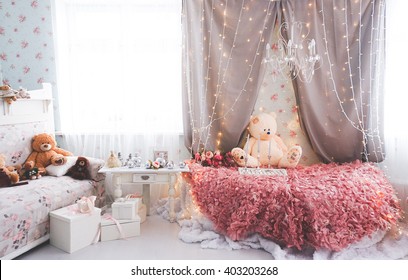 Shabby Chic Interior With  Teddy Bears And Gifts