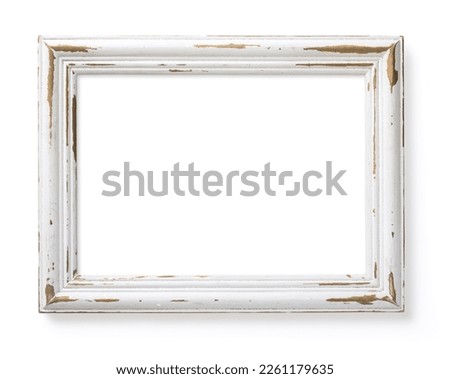 Shabby chic white and golden photo or picture frame isolated over a white background, interior or gallery mockup, design element, template	
