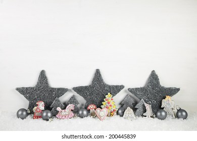 Shabby Chic Wooden Christmas Background In White And Grey.