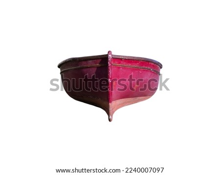 Shabby red metal sea small iron rowboat full body front view isolated on white