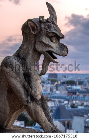 Image, Stock Photo Gargoyle on Notre Dame In Paris at sunset