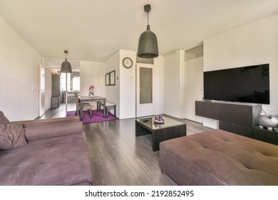 Shabby Wooden Table With Chairs And Vase Located Near Comfortable Couch Against Light Walls With Decorations And TV In Modern Apartment