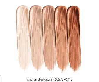 Shades Of Foundation On White Background. Closeup Of Different Tones Of Liquid Foundation, Makeup Product Texture. High Quality - Shutterstock ID 1057870748