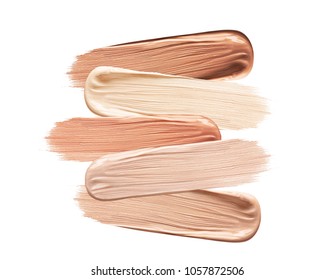 Shades Of Foundation On White Background. Closeup Of Different Tones Of Liquid Foundation, Makeup Product Texture. High Quality - Shutterstock ID 1057872506