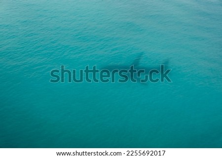 the shadow of an airplane reflected on the sea. Airplane travel, aviation backgrounds.