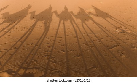 Shadow Of A Camel Train In The Desert