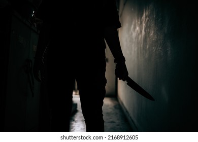 The Shadow Of A Female Murderer Stood Terrifyingly Holding A Knife And Lit From Behind.Scary Horror Or Thriller Movie Mood Or Nightmare At Night Murder Or Homicide Concept.