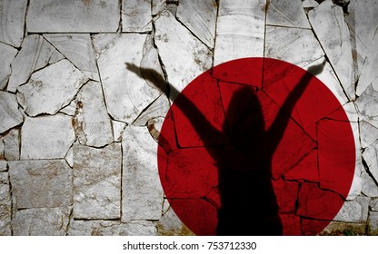 Shadow of a girl raising her hand over her head in celebration against a crack rubble wall with Japan flag. 