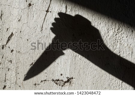 Shadow of the hand holding a big sharp knife. Murderer, killer or robber with a knife. Criminal. Crime. Horror scene.