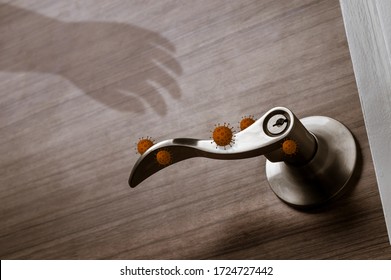 shadow of human hand grabbing stainless door knob or handle on wooden door with virus or germ effect, concept of COVID-19 spread and prevention, coronavirus protection, shallow depth of field