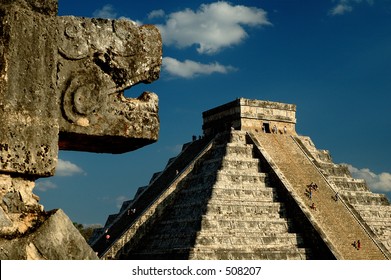 Kukulkan’s Shadow On The Steps Of The Pyramid During Spring Equinox,  Chichen Itza, Yucatan Mexico