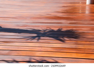 Shadow Of Palm Tree Leaves Silhouette On The House`s Terrace On Exotic Hardwood Deck