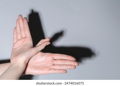 Shadow puppet. Woman making hand gesture like bird on light background, closeup - Powered by Shutterstock