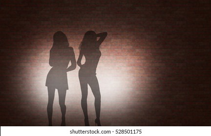 Shadow Of Two Prostitutes On The Brick Wall