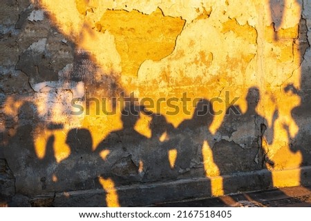 Shadows of dancing people on an old wall at sunset time. Group of human shadows on the stone wall background.