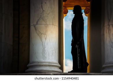 Shadows And Light Cast Upon Cast Upon Thomas Jefferson’s Silhouette At The National Mall In Washington DC.