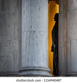 Shadows And Light Cast Upon Cast Upon Thomas Jefferson’s Silhouette At The National Mall In Washington DC.