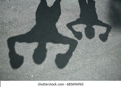 Shadows on a sunny day on the asphalt of strong hands and torso of a man and a boy in boxing gloves