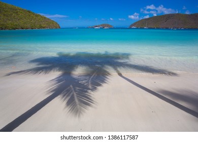 Shadows Of Palm Trees On Maho Bay Beach On The Caribbean Island Of St John In The US Virgin Islands