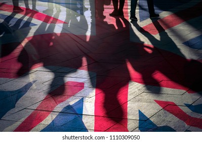 Shadows Of People And UK Flag Citizens Of Great Britain 