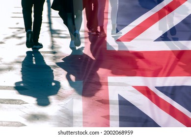 Shadows Of People And UK Flag Citizens Of Great Britain	