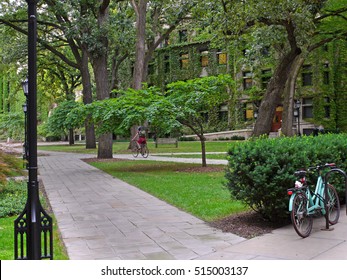 Shady College Campus With Ivy Covered Building And Student Cyclist