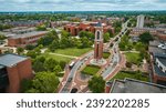 Shafer Tower with road at Ball State University campus aerial summer day Muncie, Indiana