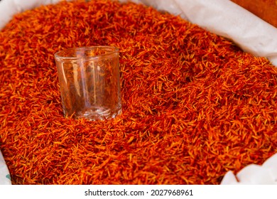 Shafran Spice On The Bazaar In An Arab Country. A Healthy Addition To Food, Dried Seasoning. Morocco Cuisine Special Ingredient.