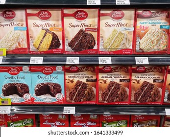 Shah Alam, Malaysia - 26 January 2020 : Boxes Of BETTY CROCKER Cake Mix Flours Display For Sell In The Supermarket Shelf With Selective Focus.