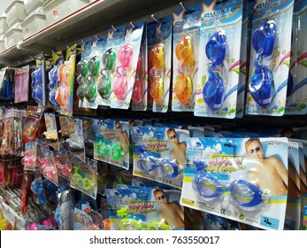 Shah Alam , Malaysia - 26 November 2017 : View Of Colorful Swim Plastic Goggles Hanging In The Supermarket