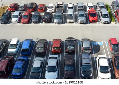 Shah Alam, Malaysia, February 3, 2018 :  Arial View Of Car Park At Parking Place Provided In Aeon Jusco, Shah Alam. One Of Large Mall In Shah Alam, Malaysia 