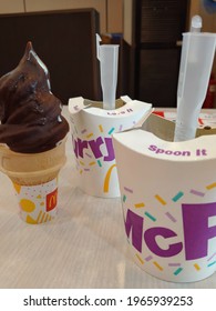 SHAH ALAM, MALAYSIA, July 25,2020 : Two Ice Cream Mc Flurry And One Ice Cream Sundae Mcdonalds.