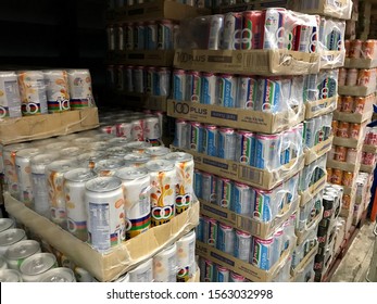 SHAH ALAM, MALAYSIA - November 18, 2019 : Stacks Of 100 Plus Soft Drinks In Cans