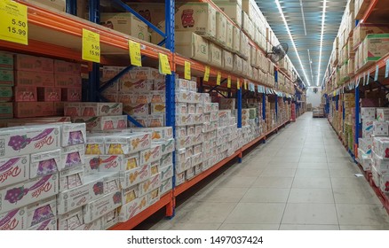 Shah Alam, Malaysia - September 5, 2019: Rows Of Juice Drinks Boxes Stacked Inside The Warehouse.