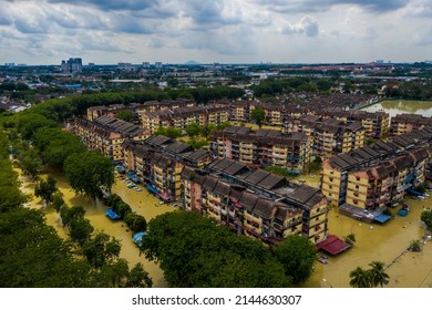 Shah Alam, Selangor, Malaysia - December 19, 2021 - Aerial view of the north Selangor flood following heavy rainfall. Taman Sri Muda was one of the areas worst hit by floods.