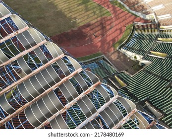 Shah Alam, Selangor, Malaysia - July 9 2022: Aerial View. Close Up Roof Photo Of The Multi Purpose Shah Alam Stadium.