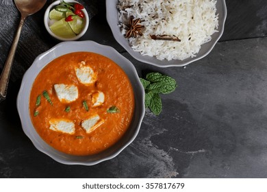 Shahi Paneer / Butter Paneer With Cumin Rice, Overhead View