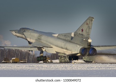 Shaikovka, Kaluga Region, Russia - December 19, 2012: Routine busy day at the airbase. Flying of Tu-22M3 (a supersonic, variable-sweep wing, long-range strategic and maritime strike bomber)