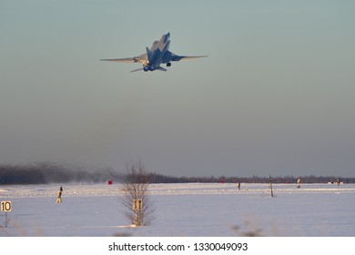 Shaikovka, Kaluga Region, Russia - December 19, 2012: Routine busy day at the airbase. Flying of Tu-22M3 (a supersonic, variable-sweep wing, long-range strategic and maritime strike bomber)
