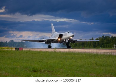Shaikovka, Kaluga Region, Russia - July 26,2012: Routine busy day at the airbase. Flying of Tu-22M3 (a supersonic, variable-sweep wing, long-range strategic and maritime strike bomber)