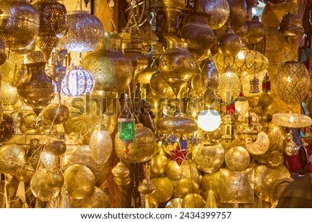 Shaining moroccan metal lamps in the shop in medina of Marrakesh, Morocco Stock photo © 