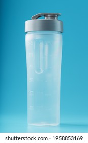 Shaker Is An Empty Plastic Smoothie Cup On A Blue Background. Free Space, Minimalistic Concept