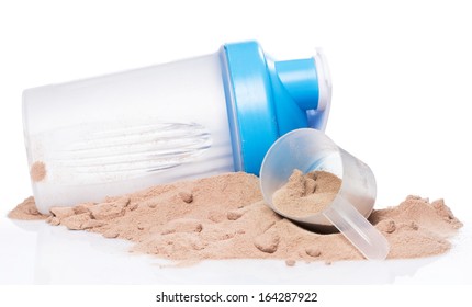 Shaker And Protein Powder On White Background