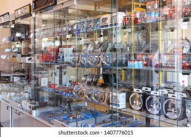 Shakhty, Rostov Region, Russia, May 24, 2019: Showcase And Shelfs Auto Parts. Retail Store Interior. Selective Focus.