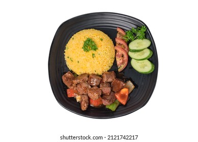 Shaking Beef Rice. Asian Set Lunch In Restaurant Or Hotel Can Delivery, Delicious Food With Lots Of Nutrients For Health. Separated On White Background