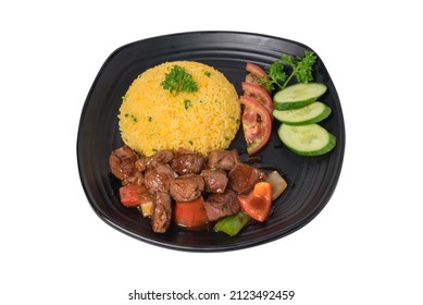 Shaking Beef Rice. Asian Set Lunch In Restaurant Or Hotel Can Delivery, Delicious Food With Lots Of Nutrients For Health. Separated On White Background