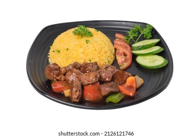 Shaking Beef Rice. Asian Set Lunch In Restaurant Or Hotel Can Delivery, Delicious Food With Lots Of Nutrients For Health. Separated On White Background