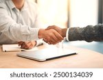 Shaking hands, agreement and partnership in office with business people, thanks and hiring at agency. Manager, onboarding and human resources at job interview with welcome, choice and introduction